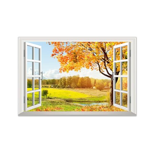 Tableau fausse fenêtre forêt automne pour décorer un salon chaleureux