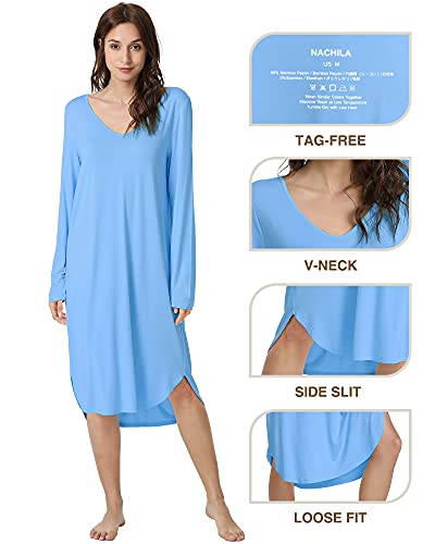 Nachila Women's Long Sleeve Nightgown Soft Nightshirt Bamboo Sleep Shirt Comfy Loungewear Sky Blue Xx-Large #TOP3