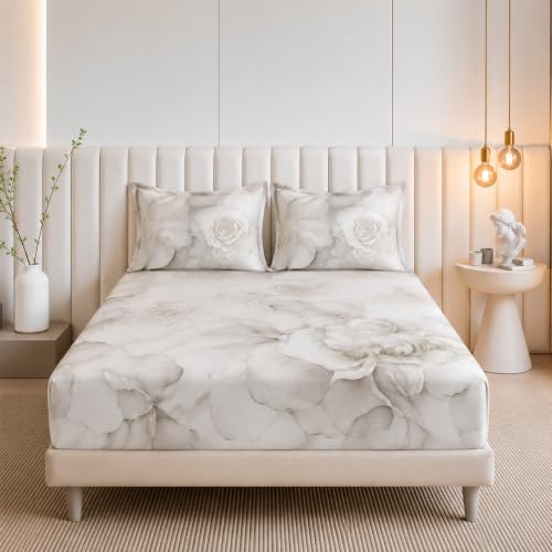 Image of Cotton Feel Glace Cotton Elastic Fitted Bedsheet Queen Size || Includes 1 Double Bed Elastic Bedsheet Queen Size with 2 Pillow Covers (60 inch x 78 inch Inches, Mirage)