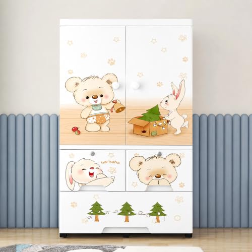 Image of Kids Plastic Wardrobe for Clothes Storage | Baby Cupboard & Almirah with Hanging Rod & Shelves | Portable Collapsible Storage Cabinet for Bedroom | Cartoon Kids Wardrobe