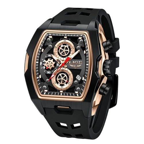 Image of LIGE Men's Watch Skeleton Tonneau Square Chronograph Stainless Steel Quartz