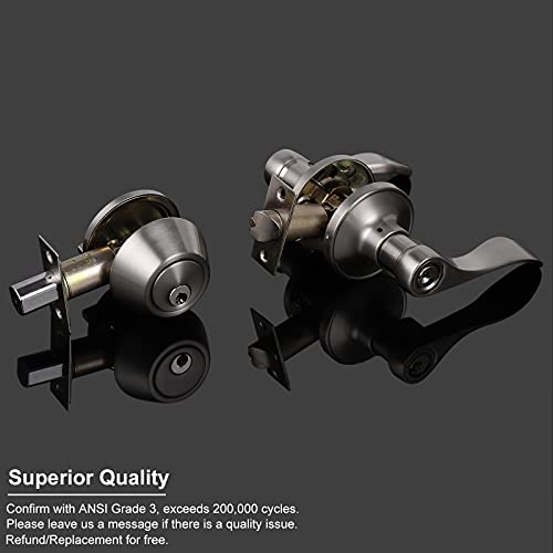 Knobonly 3 Sets Of Front Exterior Door Knob Set With Single Cylinder Deadbolts In Satin Nickel Finish, All Keyed Same Combo Pack, Wave Style Entry Door Lever Locks With Combinations #TOP1