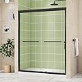 DELAVIN 56-60 in.W x 72 in.H Semi-Frameles Double Sliding Shower Door, Water Repellent Black Shower Door with Two Handles, Easy Sliding SGCC Clear Tempered Glass Shower Door with Explosion-Proof Film