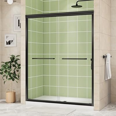 DELAVIN 56-60 in.W x 72 in.H Semi-Frameles Double Sliding Shower Door, Water Repellent Black Shower Door with Two Handles, Easy Sliding SGCC Clear Tempered Glass Shower Door with Explosion-Proof Film