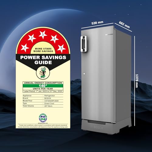 Image of Bosch 207L 5 Star Inverter Direct-Cool Single Door Refrigerator (CST20S25PI, Fine Steel, Base Stand with Drawer & Saperator)