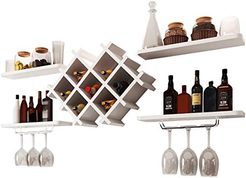 Custpromo Set of 5 Wall Mount Wine Rack Set Bottle & Glass Holder w/Storage Shelves, Home & Kitchen Décor (White)