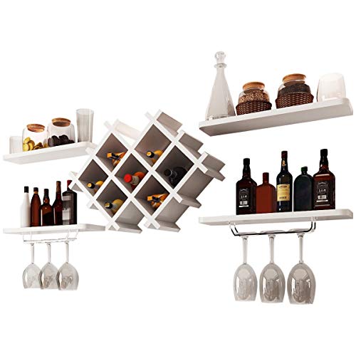 Custpromo Set of 5 Wall Mount Wine Rack Set Bottle & Glass Holder w/Storage Shelves, Home & Kitchen DÃ©cor (White)