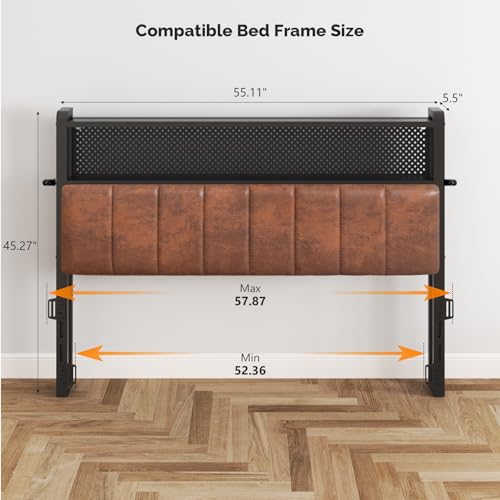 Image of VINGLI Full Size Headboard for Bed with 2 Tier Storage Shelves, Faux PU Leather Upholstered Head Board with Charging Stations,LED Light and Pegboard,Height Adjustable,Industrial Brown