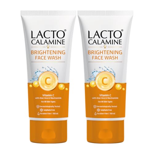 Image of Lacto Calamine Vitamin C Face Wash | Pack of 2 x 100ml | Aloe Vera & Niacinamide Face Wash for Glowing Skin | Facewash that Exfoliates Skin & Reduces Pigmentation | No Parabens, No Sulphates