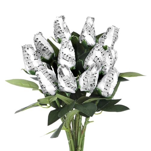 Suncalla 12 Pcs Music Rose Flowers Bulk Artificial 13 Inches Silk Cloth Bouquet Gift Simulation Music Note Roses Floral Party Supplies Valentines Day Musician Gift for Anniversary Birthday