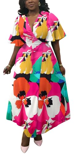 Image of Summer Dresses for Women Semi-Formal Fit Casual Short Ruffle Sleeve V Neck Elegant Swing Split Long Maxi Dresses