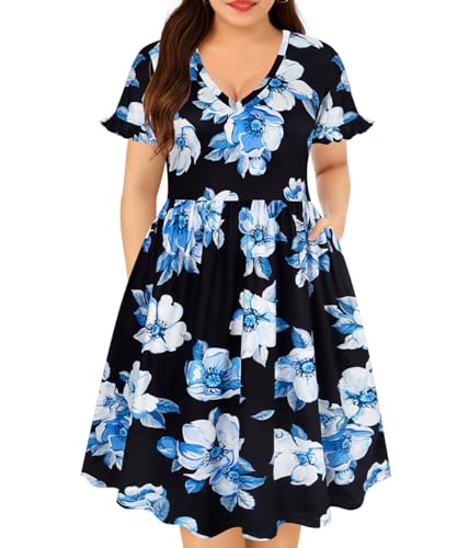 Image of RITERA Plus Size Dresses for Curvy Women Summer Spring Womens Dress V Neck Short Sleeve Casual Dress with Pockets XL-5XL