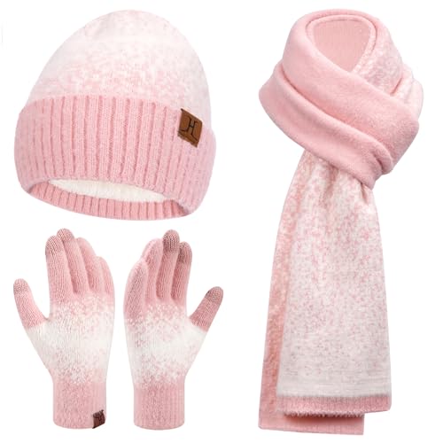Damen Winter Warm Mütze Touchscreen Handschuhe und Lang Schal Set mit Fleece Gefütterte, Thermo Wintermütze Strickmütze Beanie Winterhandschuhe Strickhandschuhe Schals, Rosa Weiß