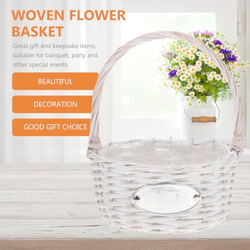 MOBUTOFU Woven White Flower Basket Portable Bride Flower Girl Basket Photography Prop Handheld Wedding Ceremony Supply