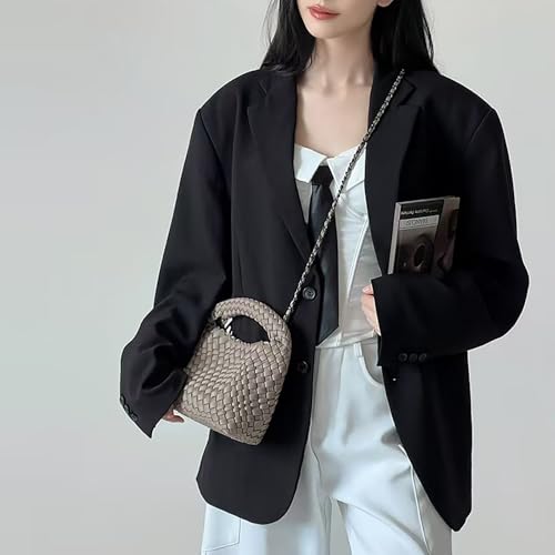 Image of JINMANXUE Fashion Mini Handbag For Women, Woven Tote Bucket Composite Bag Knitting Chain Bags, Crossbody Shoulder Purses (N-Tea brown)