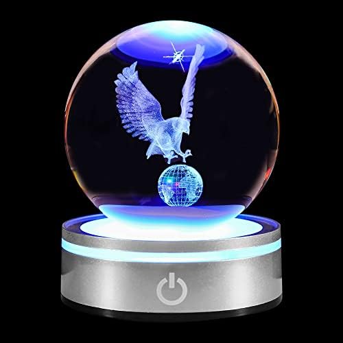 pinyan Eagle Gift 3D Crystal Ball with LED Light Base Unique Decor Glass Figurine Lamps Laser Engraved Nightlight for Best Friend Eagle Lovers Keepsake Paperweight