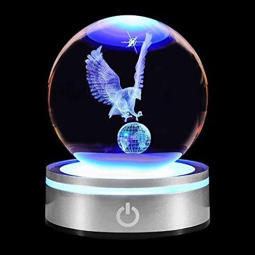 pinyan Eagle Gift 3D Crystal Ball with LED Light Base Unique Decor Glass Figurine Lamps Laser Engraved Nightlight for Best Friend Eagle Lovers Keepsake Paperweight