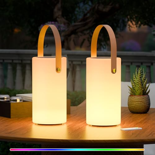 MALUX Lot de 2 Lampe Solaire de Table Extérieur, 2-en-1 Rechargeables par USB et Énergie Solaire, Lampes LED Portable sans fil avec 8 Couleurs, IP44 pour...