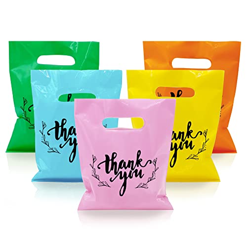 KEEPARTY 100 bolsas pequeñas de plástico de agradecimiento, bolsas de regalo de fiesta para fiestas de cumpleaños, baby shower, boda, regalos de ferias comerciales (cinco colores)