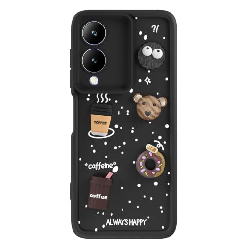 Image of Pikkme Back Cover for Vivo Y17s / Vivo Y28 | 3D Bear Silicone Cute & Fun Coffee Cartoon | Full Body Protection Bumper Case (Black)