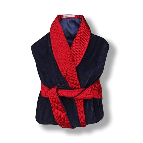 Cliveden British Short Velvet Navy Smoking Jacket - Burgundy Piping (XL) 5