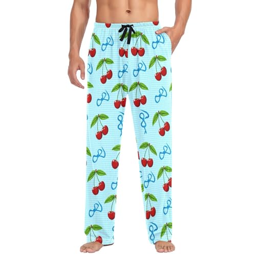 Cherry Blue Bows Men's Cotton Pajama Pants with Pockets and Drawstring Comfortable and Stylish,S