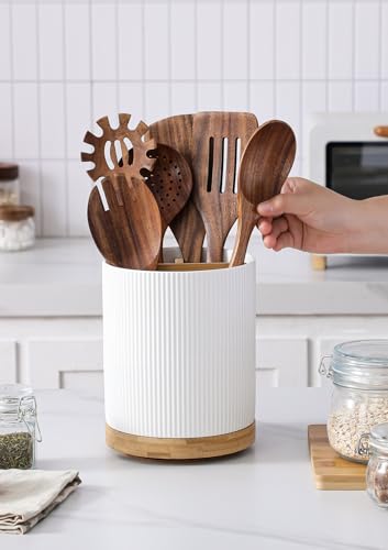 Image of LoeJan 7.5 inch Utensil Holder, 3 Compartment Ceramic Kitchen Utensil Holder with Cork Bottom, Large Utensil Crock for Countertop, Cooking Tool Organizer Set for Kitchen Counter(White,Vertical Stripe)