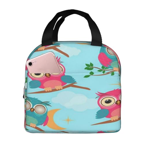 断熱ランチバッグ、大容量、防水、熱漏れ防止、スタイリッシュで丈夫、仕事、学校、アウトドア活動に便利、男女兼用 (漫画の小さなフクロウの赤ちゃんと枝、緑の葉、星、雲)