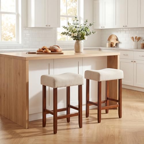 Image of COSTWAY Wooden Saddle Stools Set of 2, 25-inch Backless Counter Height Chairs with Rubber Wood Frame, Footrest, Max Load 330 Lbs, Upholstered Bar Stools for Kitchen Island, Light Beige+Brown