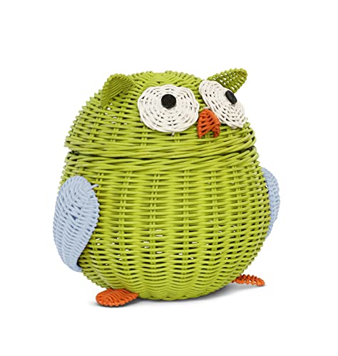 G6 Collection Owl Rattan Storage Basket With Lid Decorative Bin Home Decor Hand Woven Shelf Organizer Cute Handmade Handcrafted Nursery Gift Animal Decoration Artwork Wicker Hoot Owl (Large, Green) #TOP1