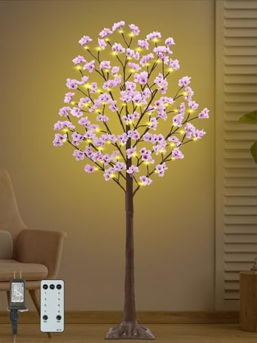5FT Lighted Cherry Blossom Tree - Faux Artificial Light Up Pink Tree with 80 Lights, 240 Lush Flowers, Timer, Remote 8 Modes Cherry Blossom Tree for Spring Wedding Valentines Indoor Outdoor Decor