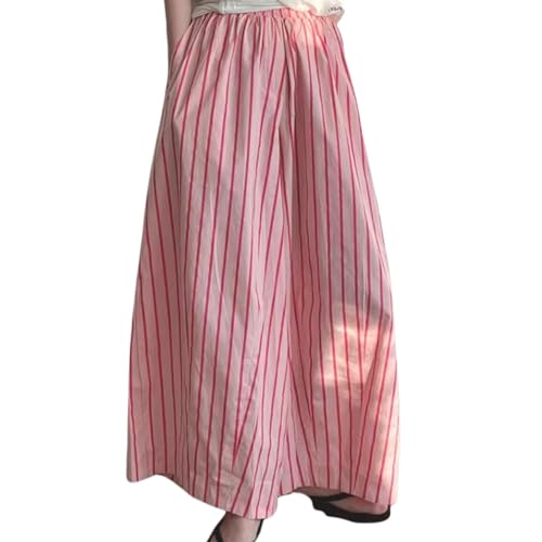 CHARTOU Women's Summer Striped Long Skirt Elastic High Waist Flowy Ruffle Hem A Line Maxi Dress with Pockets