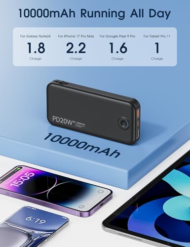 Image of Nusyddy Portable Charger 10000mAh PD20W w /Built-in Cables & Wall Plug Black | PD20W Fast Charging, Battery Indicator, Pass Through Charging, TSA Approved, Compact /Slim, Power Bank for iPhone /iPad /Samsung