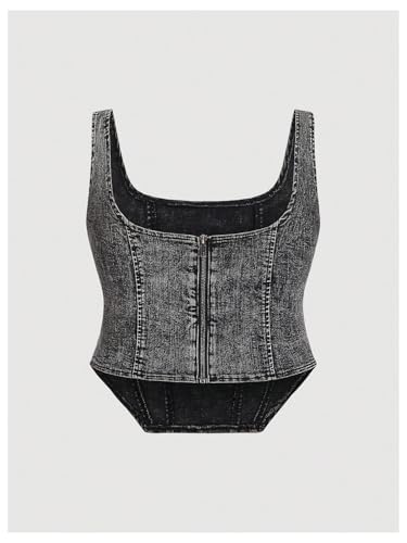 Milumia Women's Plus Size Square Neck Denim Corset Tank Top Sleeveless Asymmetrical Hem Crop Tops2