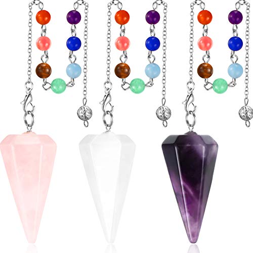 3 Pieces 7 Chakra Natural Gemstone Dowsing Pendulum Energy Healing Hexagon Point Stones Pendulum Meditation Sets for Healing, Chakra, Balance Meditation, Scrying, Dowsing Divination