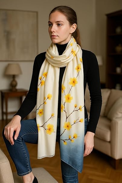 Image of Floral Printed Silk stole | silk Scarf for Women | stylish silk stole for women | Soft Lightweight Stole, Shawl & Neck Wrap | Scarf for Wedding, Party, Travel & Casual Wear