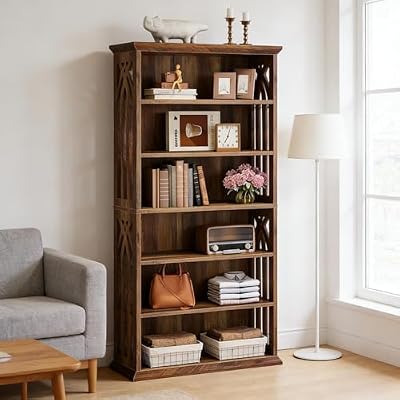 BIGTO Bookcase 31.5"*11.8"*74.9", Brown Wood Farmhouse Spacious Display Shelves Bookshelf Home Furniture