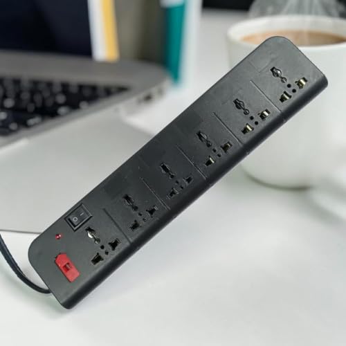 Image of Extension Board 10Amp Output 250 Volts with 2 Mtr Extension Cord & Surge Protector | Master Switch, Safety Shutter, 6 International Sockets | Multi Plug Travel Adapter
