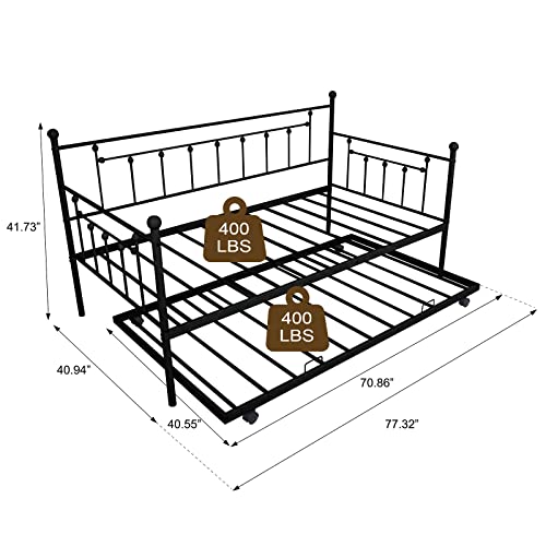 Twin Daybed With Trundle, Metal Daybed With Pullout Trundle Bed, Heavy Duty Steel Slat Support Twin Day Bed Sofa Bed Frame For Adults Kids Teens Bedroom, Guest Room, No Spring Box Needed #TOP1