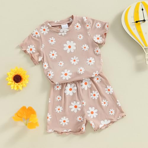 Image of Ayalinggo Baby Girl Summer Outfits Short Sleeve Lettuce Trim Floral Tops + Shorts Set Infant Clothes