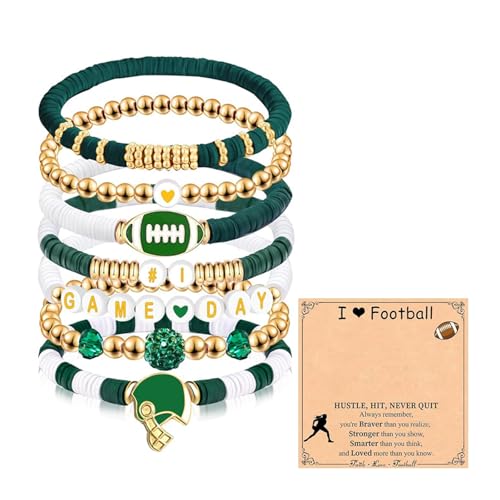 JGVG Game Day Bracelets Football Charm Beaded Stretch Bracelet Sports Jewelry for Football Dads Moms Coaches Fans Gifts (Green)