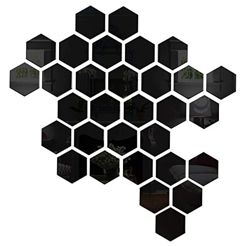 Wall1ders 31 Hexagon with 10 Butterflies Black (Each Hexagon Size 10.5 cm x 12 cm) Hexagon Mirror Wall Stickers, Mirror Stickers for Wall