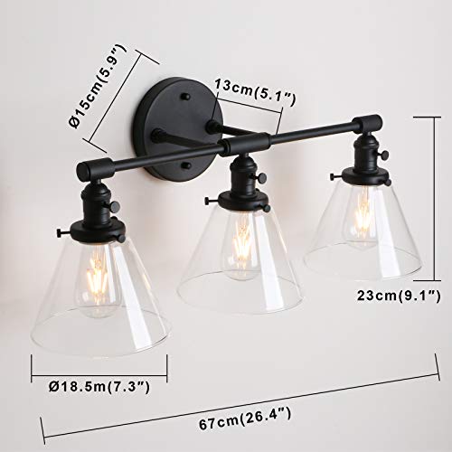 Image of Permo Vintage Industrial Antique Three-Light Wall Sconces with Funnel Flared Clear Glass Shade (Black)