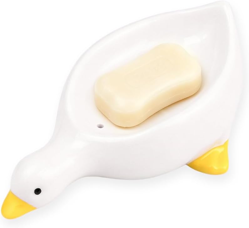 SUPERFINDINGS Duck Soap Dish Ceramic Self Draining Soap Holder Cute Soap Dish Duck Soap Holder with Drain Floral White Glaze Finish for Shower Bathroom Bar Kitchen, Floral White