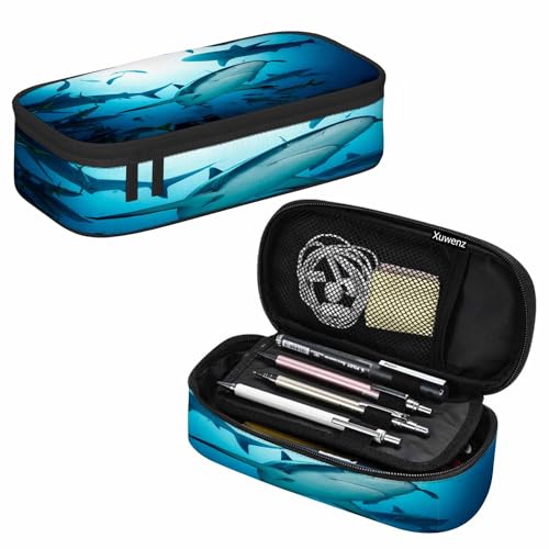 Image of Sharks Pencil Case Organizer Ocean Sea Fish Light Blue Stationery Box Makeup Box School Supply for Boy Girl Men Women