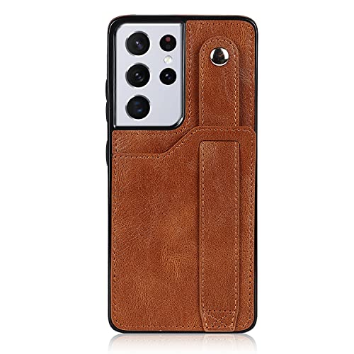 Étui en cuir marron pour Samsung S21 Ultra doté d'une sangle ajustable et stand