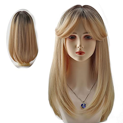 HUAISU Long Blonde Straight Hair Wig with Bangs Synthetic High Density Long Hair Wig for Women Cosplay Wig (Blonde, 23inch)