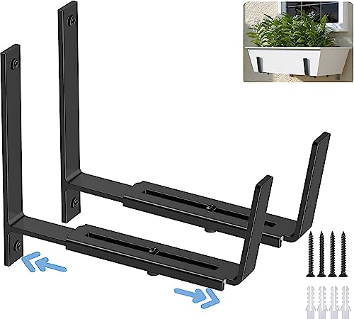 HFHOME 2 PCS Adjustable Planter Box Brackets (6 to 12.5 in) Universal Window Box Brackets Heavy Duty Metal Flower Box Wall Mounting Hooks for Balcony Fences Patio and Garden - Black