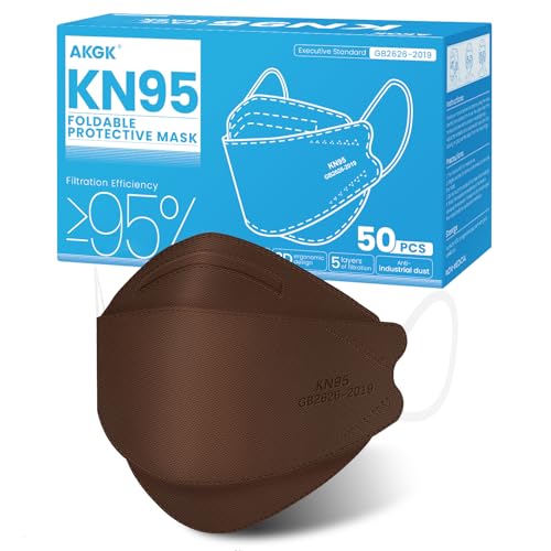 akgk KN95 Face Masks 50 Pack, 5-Ply Disposable Brown Face Mask Against PM 2.5 Smoke and Dust