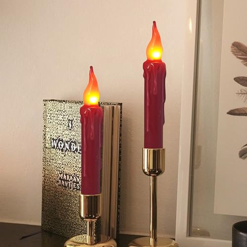 Image of Real Wax LED Flameless Christmas Short Taper Candles with Remote, 6.7 Inches Red Candlesticks, Dripless Battery Operated Flame Rustic Primitive Flameless Lights Holiday Decor, Pack of 2